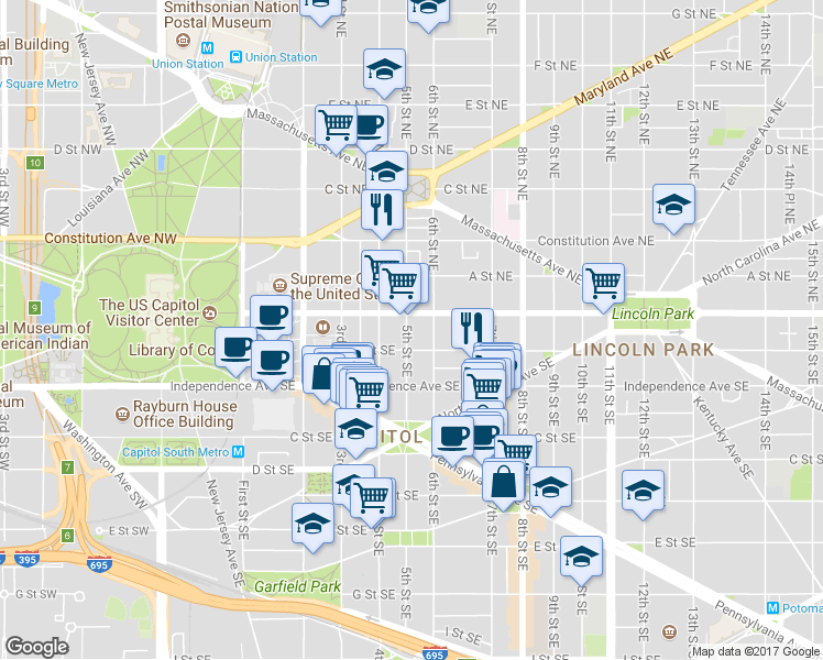 map of restaurants, bars, coffee shops, grocery stores, and more near 101 Independence Avenue Southeast in Washington