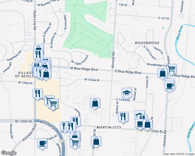 map of restaurants, bars, coffee shops, grocery stores, and more near 108 West 132 Street in Kansas City