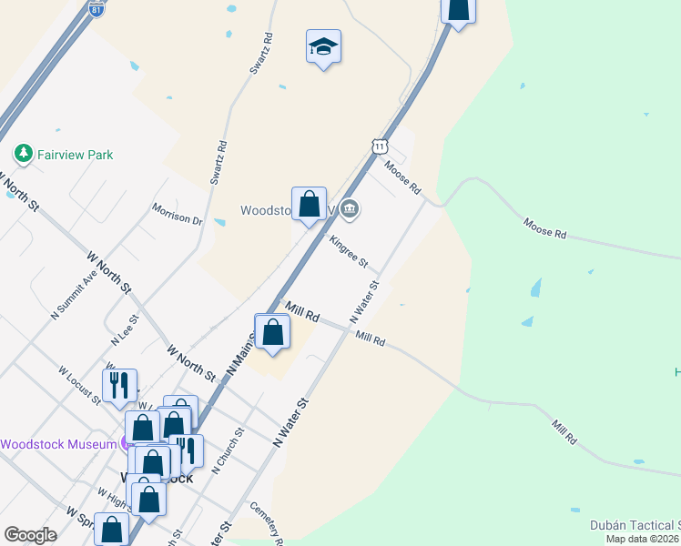 map of restaurants, bars, coffee shops, grocery stores, and more near Kingree Street in Woodstock