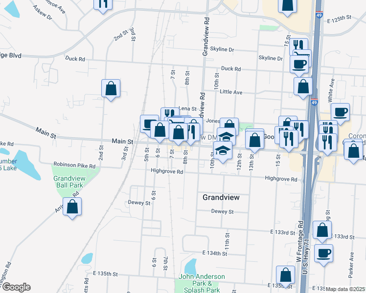 map of restaurants, bars, coffee shops, grocery stores, and more near 719 Main Street in Grandview