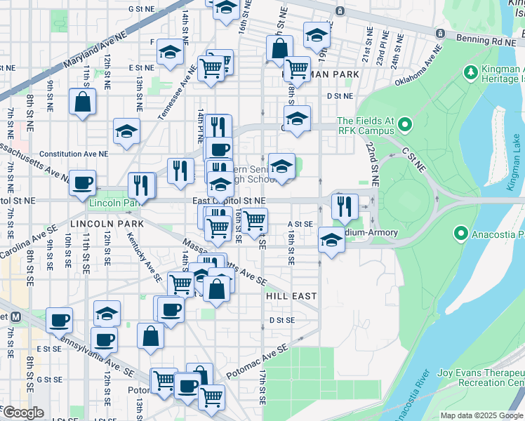map of restaurants, bars, coffee shops, grocery stores, and more near 15 17th St SE in Washington