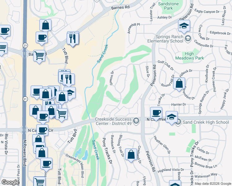 map of restaurants, bars, coffee shops, grocery stores, and more near 6629 Showhorse Court in Colorado Springs