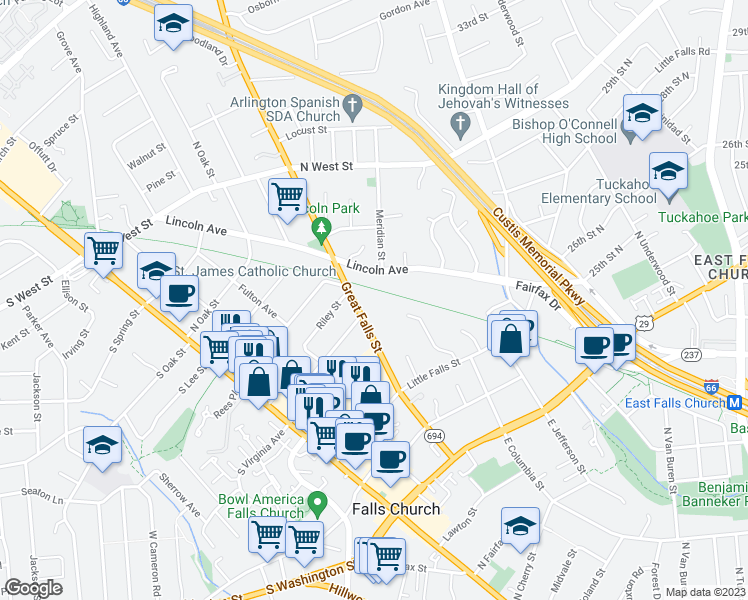 map of restaurants, bars, coffee shops, grocery stores, and more near 428 Great Falls Street in Falls Church