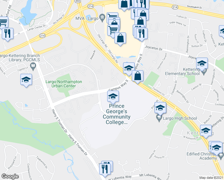 map of restaurants, bars, coffee shops, grocery stores, and more near 10201 Campus Way South in Upper Marlboro