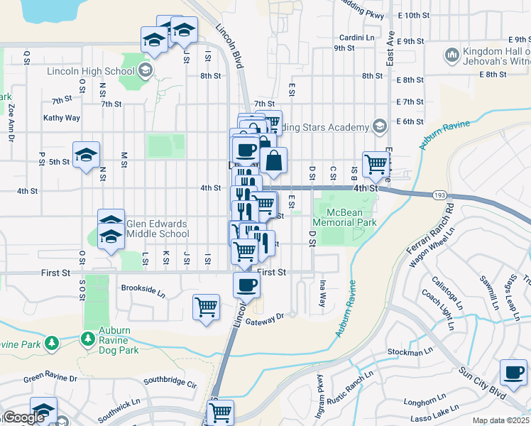 map of restaurants, bars, coffee shops, grocery stores, and more near 550 2nd Street in Lincoln