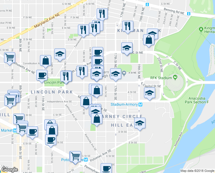 map of restaurants, bars, coffee shops, grocery stores, and more near 14 16th Street Southeast in Washington