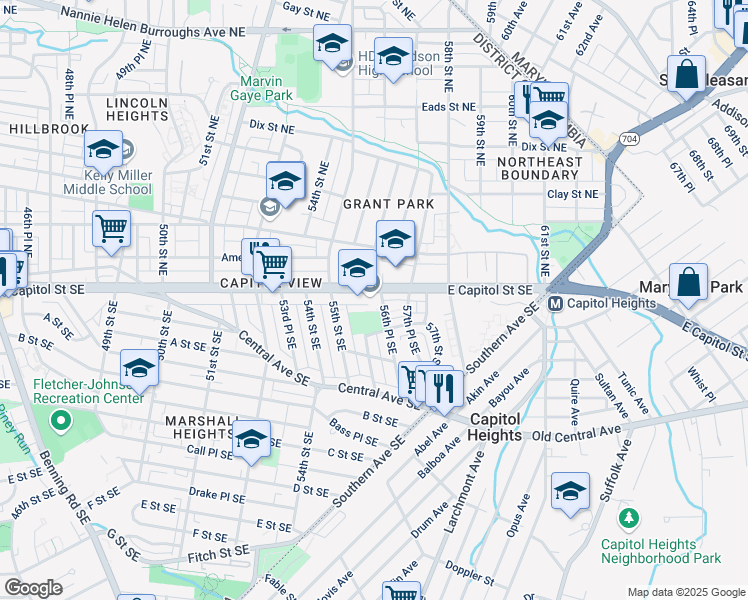 map of restaurants, bars, coffee shops, grocery stores, and more near 5601 East Capitol Street Southeast in Washington