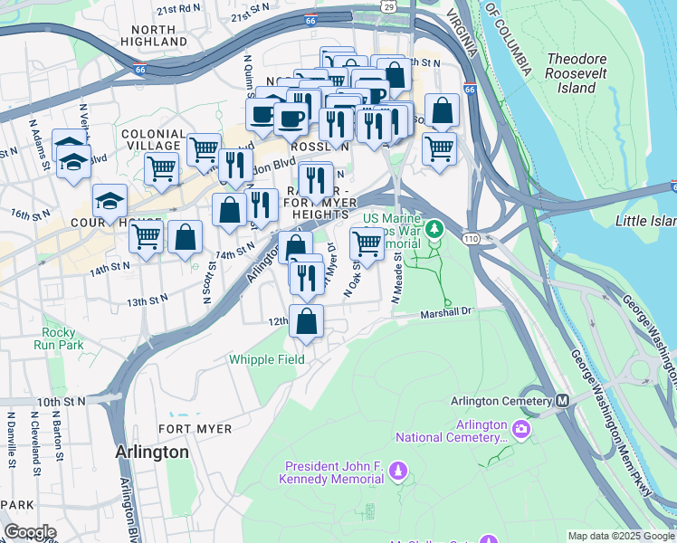 map of restaurants, bars, coffee shops, grocery stores, and more near 1301 Fort Myer Drive in Arlington