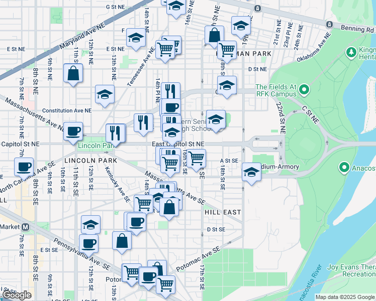 map of restaurants, bars, coffee shops, grocery stores, and more near 14 16th Street Southeast in Washington