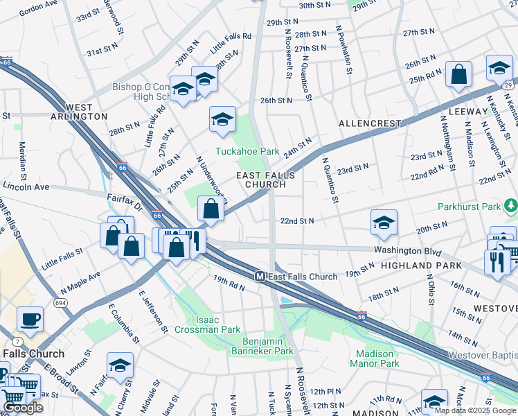 map of restaurants, bars, coffee shops, grocery stores, and more near 2220 North Somerset Street in Arlington