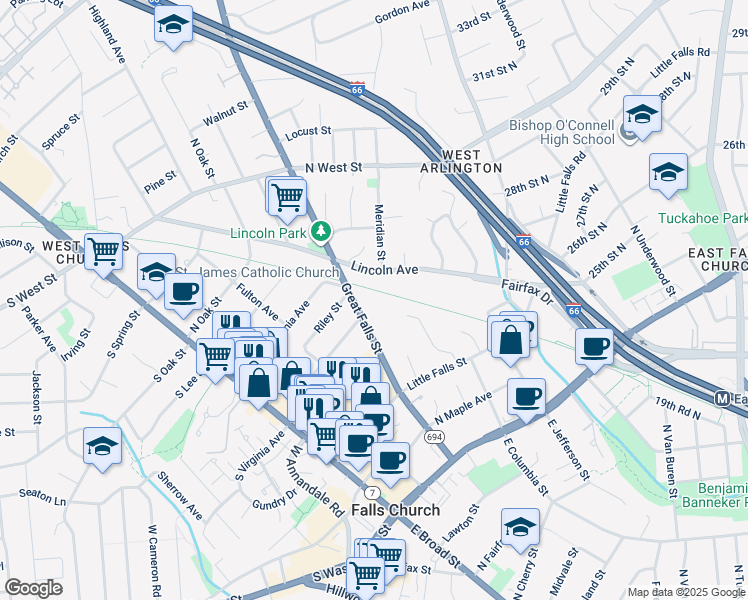 map of restaurants, bars, coffee shops, grocery stores, and more near 428 Great Falls Street in Falls Church