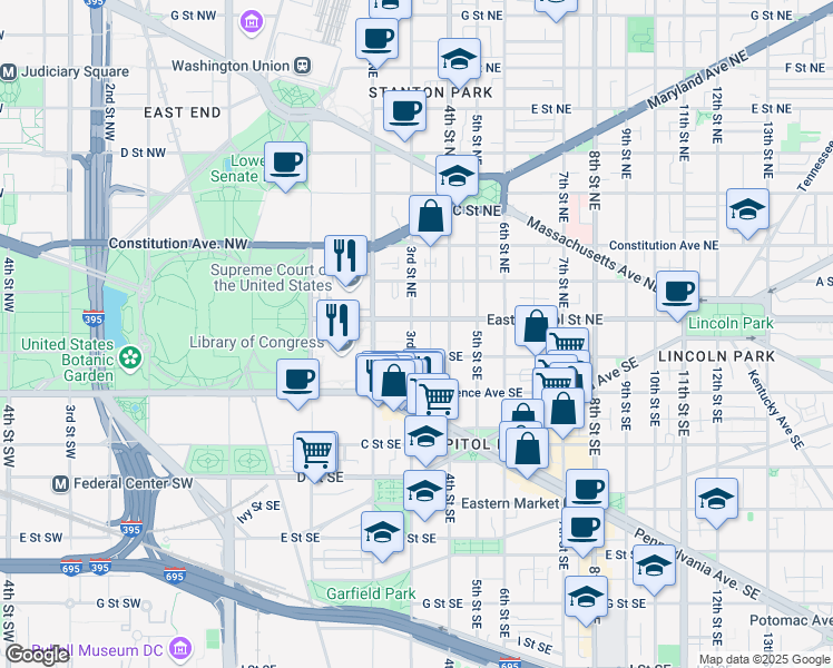 map of restaurants, bars, coffee shops, grocery stores, and more near 101 Independence Avenue Southeast in Washington