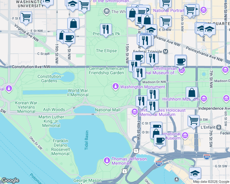 map of restaurants, bars, coffee shops, grocery stores, and more near East Place Northwest in Washington