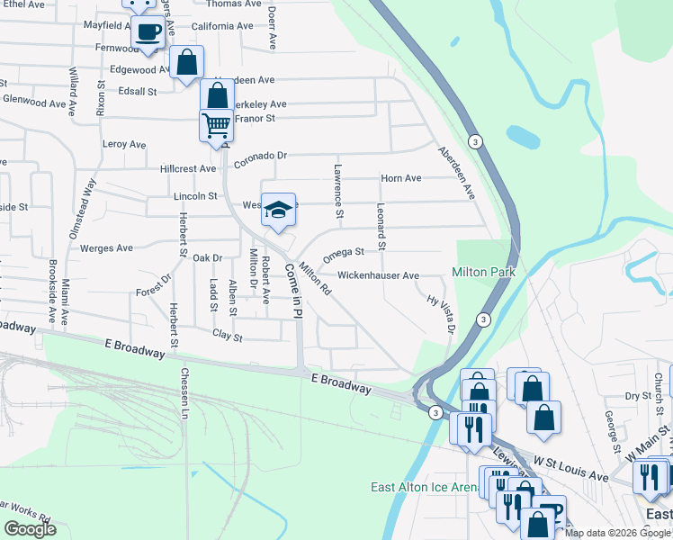 map of restaurants, bars, coffee shops, grocery stores, and more near 3508 Wickenhauser Avenue in Alton