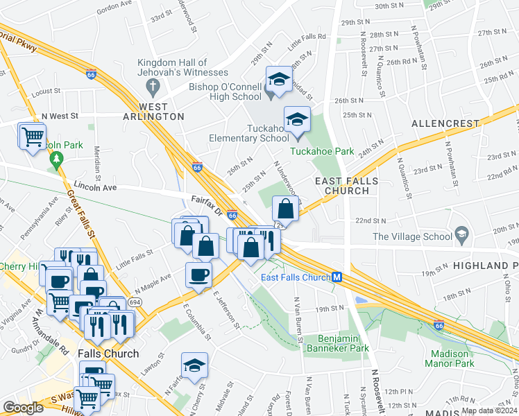 map of restaurants, bars, coffee shops, grocery stores, and more near 6839 Washington Boulevard in Arlington