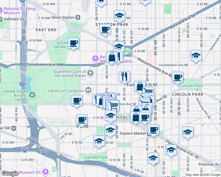 map of restaurants, bars, coffee shops, grocery stores, and more near 311 East Capitol Street Southeast in Washington