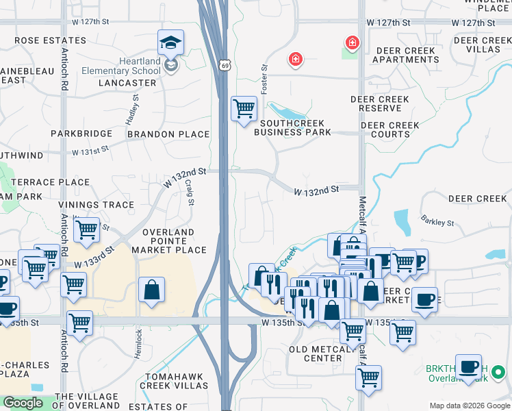 map of restaurants, bars, coffee shops, grocery stores, and more near 13220 Foster Street in Overland Park