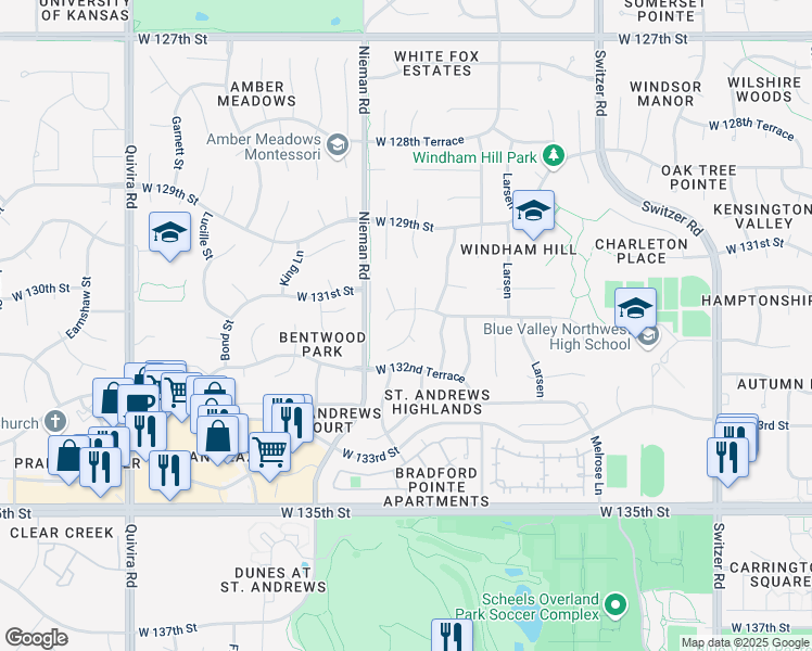 map of restaurants, bars, coffee shops, grocery stores, and more near 13112 Bluejacket Street in Overland Park