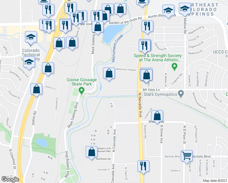 map of restaurants, bars, coffee shops, grocery stores, and more near 55 Mount View Lane in Colorado Springs