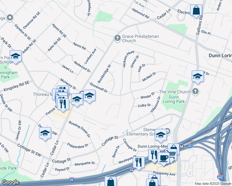 map of restaurants, bars, coffee shops, grocery stores, and more near 8404 Stonewall Drive in Vienna