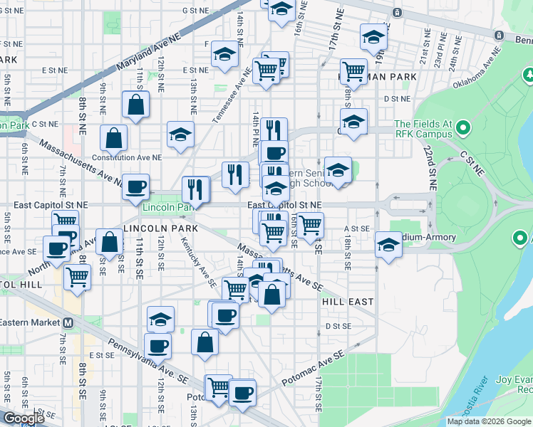 map of restaurants, bars, coffee shops, grocery stores, and more near 7 15th Street Southeast in Washington