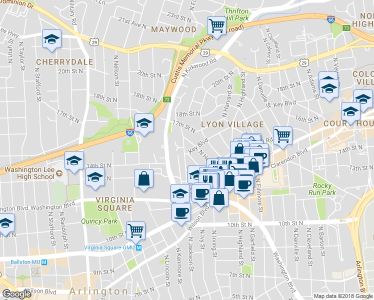 map of restaurants, bars, coffee shops, grocery stores, and more near 3187 Key Boulevard in Arlington