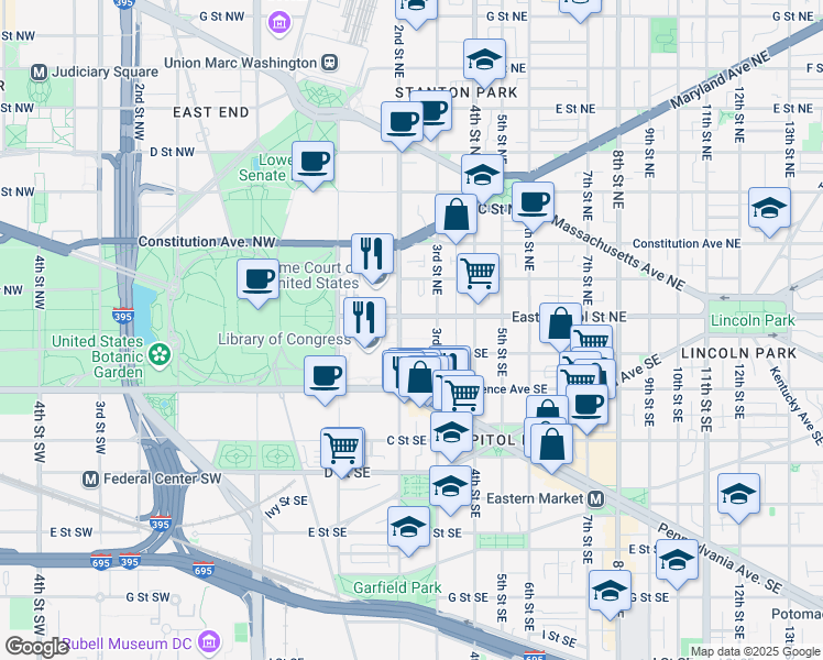 map of restaurants, bars, coffee shops, grocery stores, and more near 201 East Capitol Street Southeast in Washington
