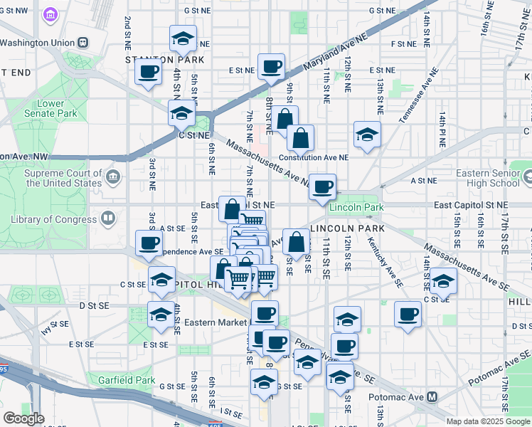 map of restaurants, bars, coffee shops, grocery stores, and more near 5 8th Street Southeast in Washington