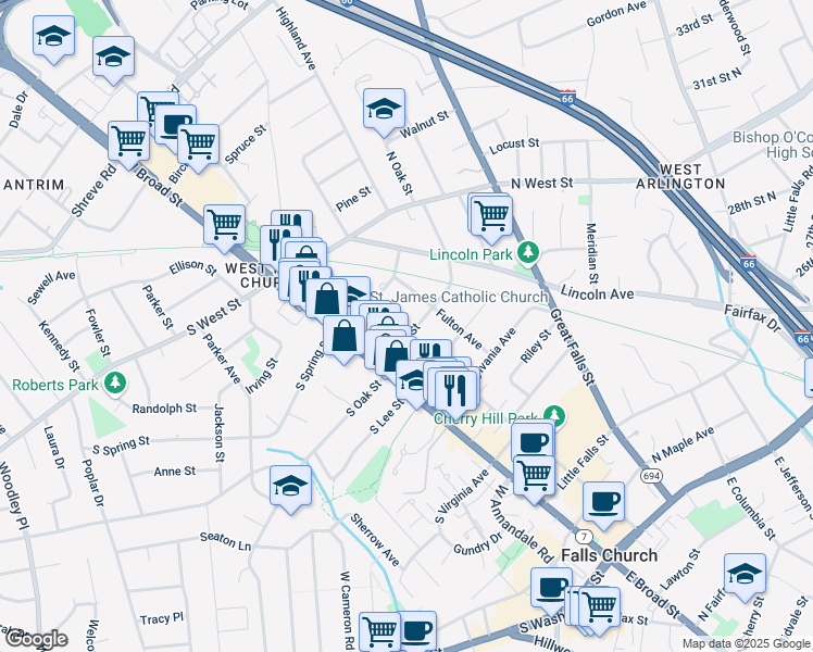 map of restaurants, bars, coffee shops, grocery stores, and more near 203 North Oak Street in Falls Church