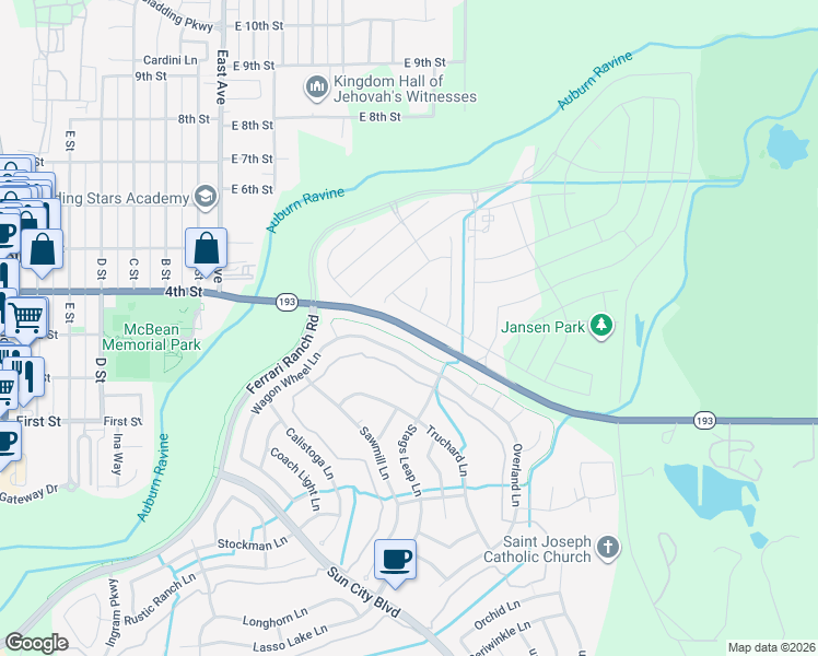 map of restaurants, bars, coffee shops, grocery stores, and more near McBean Park Drive in Lincoln