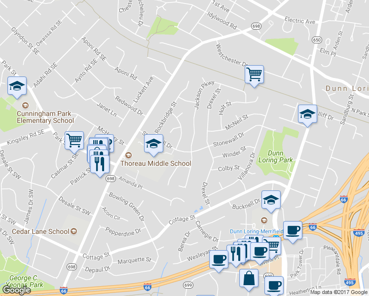 map of restaurants, bars, coffee shops, grocery stores, and more near 8404 Stonewall Drive in Vienna