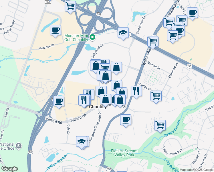 map of restaurants, bars, coffee shops, grocery stores, and more near 14240X Sullyfield Circle in Chantilly