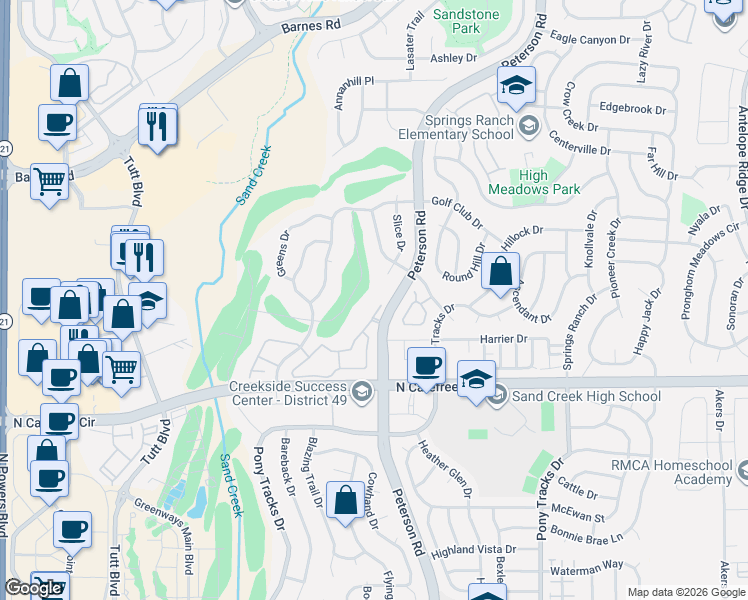 map of restaurants, bars, coffee shops, grocery stores, and more near 3976 Riviera Grove in Colorado Springs