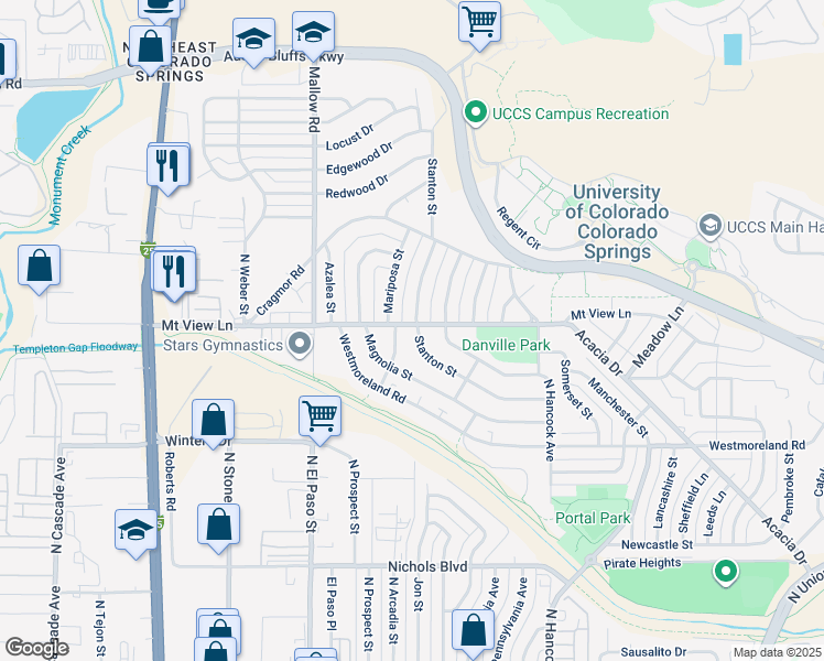 map of restaurants, bars, coffee shops, grocery stores, and more near 3856 Mariposa Street in Colorado Springs