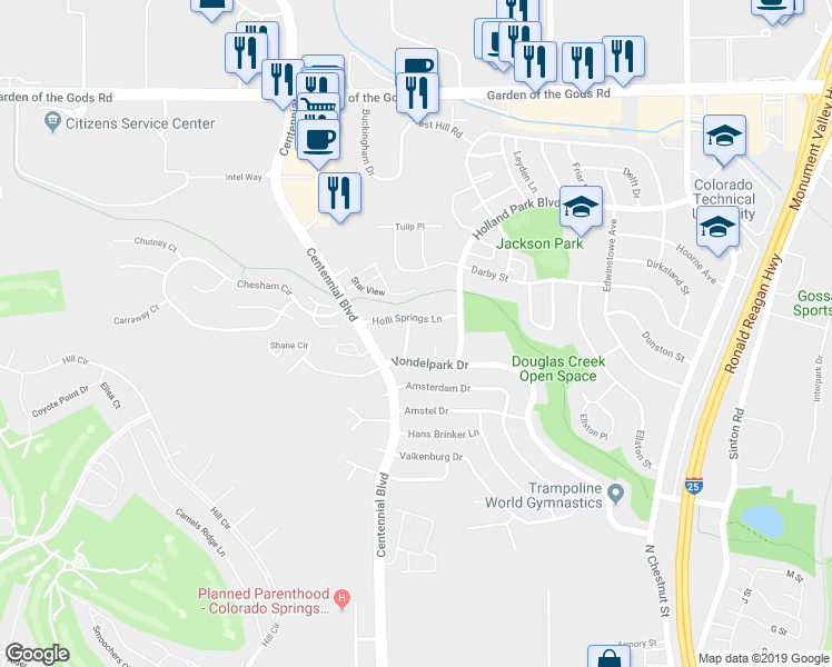 map of restaurants, bars, coffee shops, grocery stores, and more near 3945 Vondelpark Place in Colorado Springs