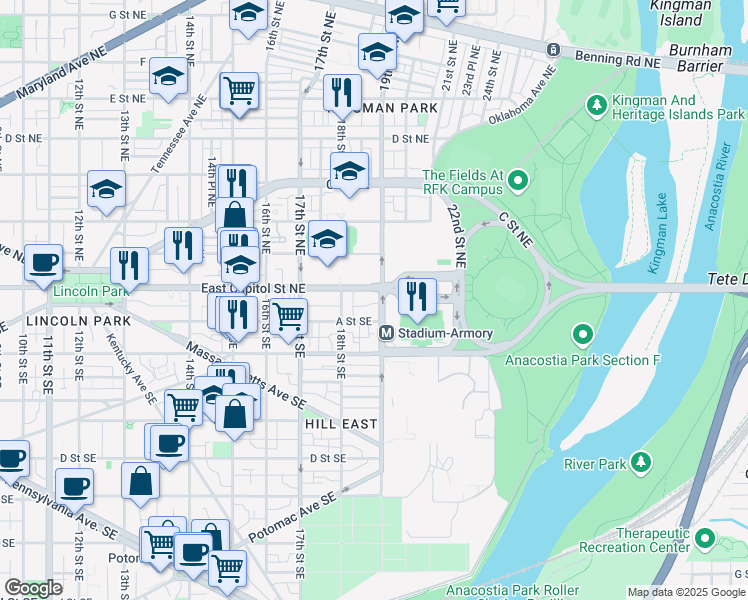 map of restaurants, bars, coffee shops, grocery stores, and more near 101 Independence Avenue Southeast in Washington