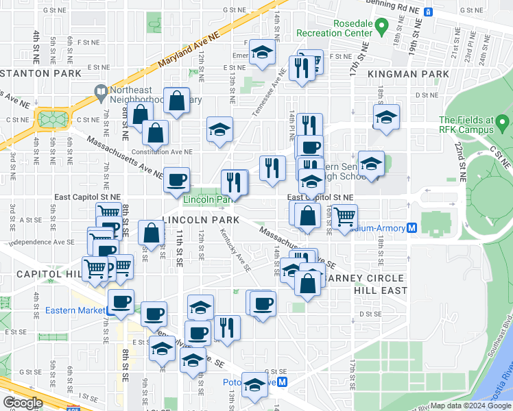 map of restaurants, bars, coffee shops, grocery stores, and more near 101 Independence Avenue Southeast in Washington