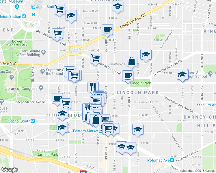 map of restaurants, bars, coffee shops, grocery stores, and more near 101 Independence Avenue Southeast in Washington