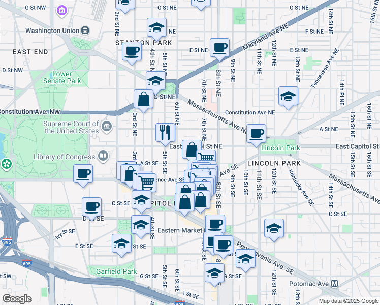 map of restaurants, bars, coffee shops, grocery stores, and more near 101 Independence Avenue Southeast in Washington