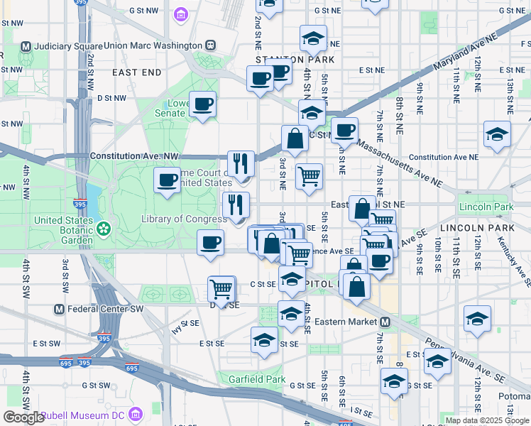 map of restaurants, bars, coffee shops, grocery stores, and more near 101 Independence Avenue Southeast in Washington