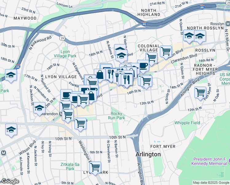 map of restaurants, bars, coffee shops, grocery stores, and more near 2400 Clarendon Boulevard in Arlington
