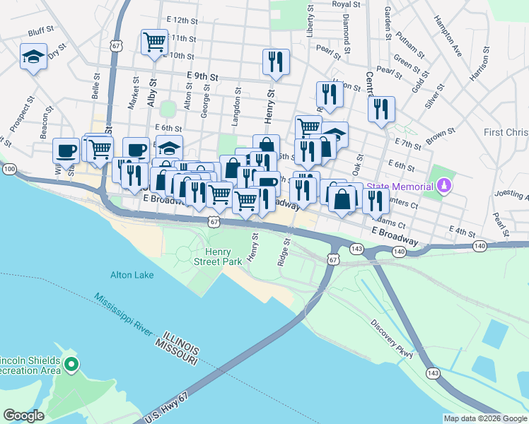 map of restaurants, bars, coffee shops, grocery stores, and more near in Alton
