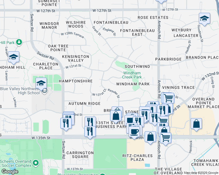 map of restaurants, bars, coffee shops, grocery stores, and more near 13162 England Street in Overland Park