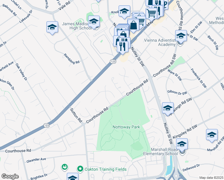 map of restaurants, bars, coffee shops, grocery stores, and more near 9540 Whitecedar Court in Vienna