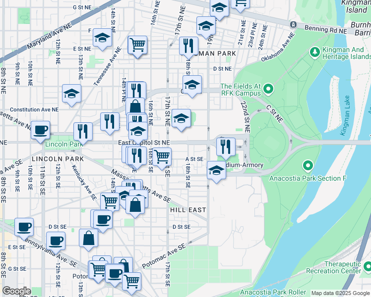 map of restaurants, bars, coffee shops, grocery stores, and more near 1 18th Street Southeast in Washington
