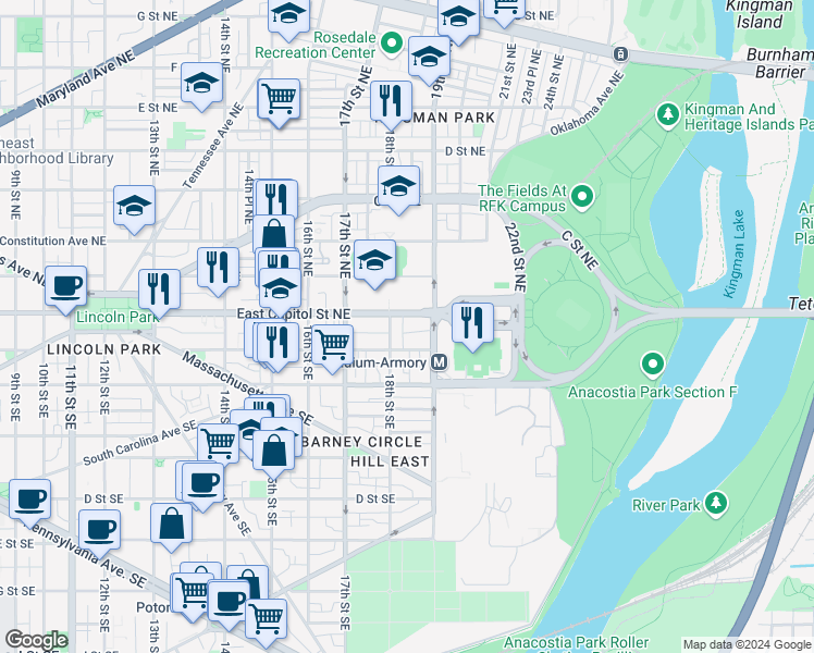 map of restaurants, bars, coffee shops, grocery stores, and more near 1813 East Capitol Street Southeast in Washington