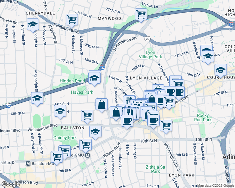 map of restaurants, bars, coffee shops, grocery stores, and more near 3187 Key Boulevard in Arlington