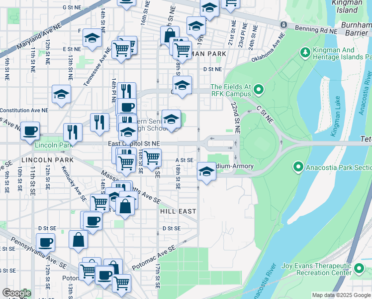 map of restaurants, bars, coffee shops, grocery stores, and more near 1813 East Capitol Street Southeast in Washington