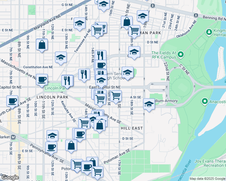 map of restaurants, bars, coffee shops, grocery stores, and more near 1613 East Capitol Street Southeast in Washington