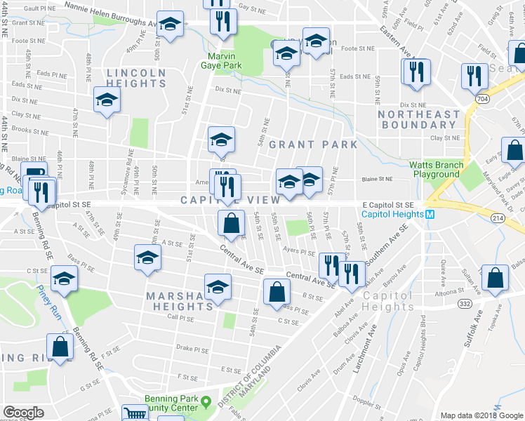 map of restaurants, bars, coffee shops, grocery stores, and more near 5409 East Capitol Street Southeast in Washington